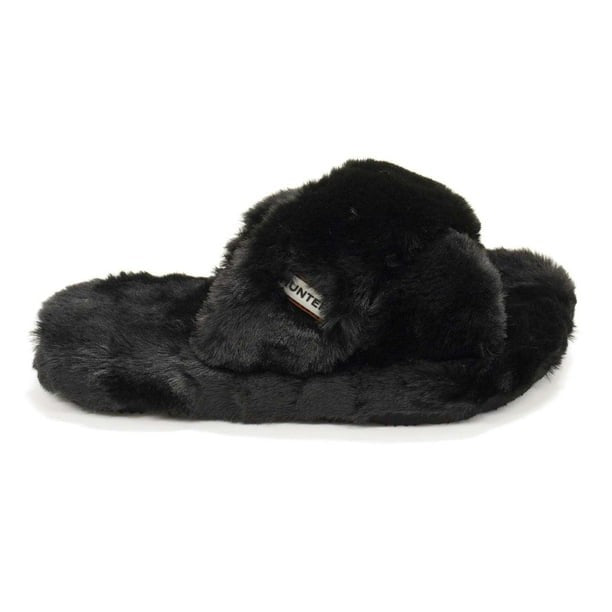 Hunter Faux Fur Flatform Crossover Black Womens Slides Slippers WFD4034FFF-BLK